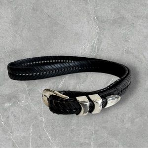Leather belt men’s 42 black braided silver coated finish buckle 1 1/10” wide